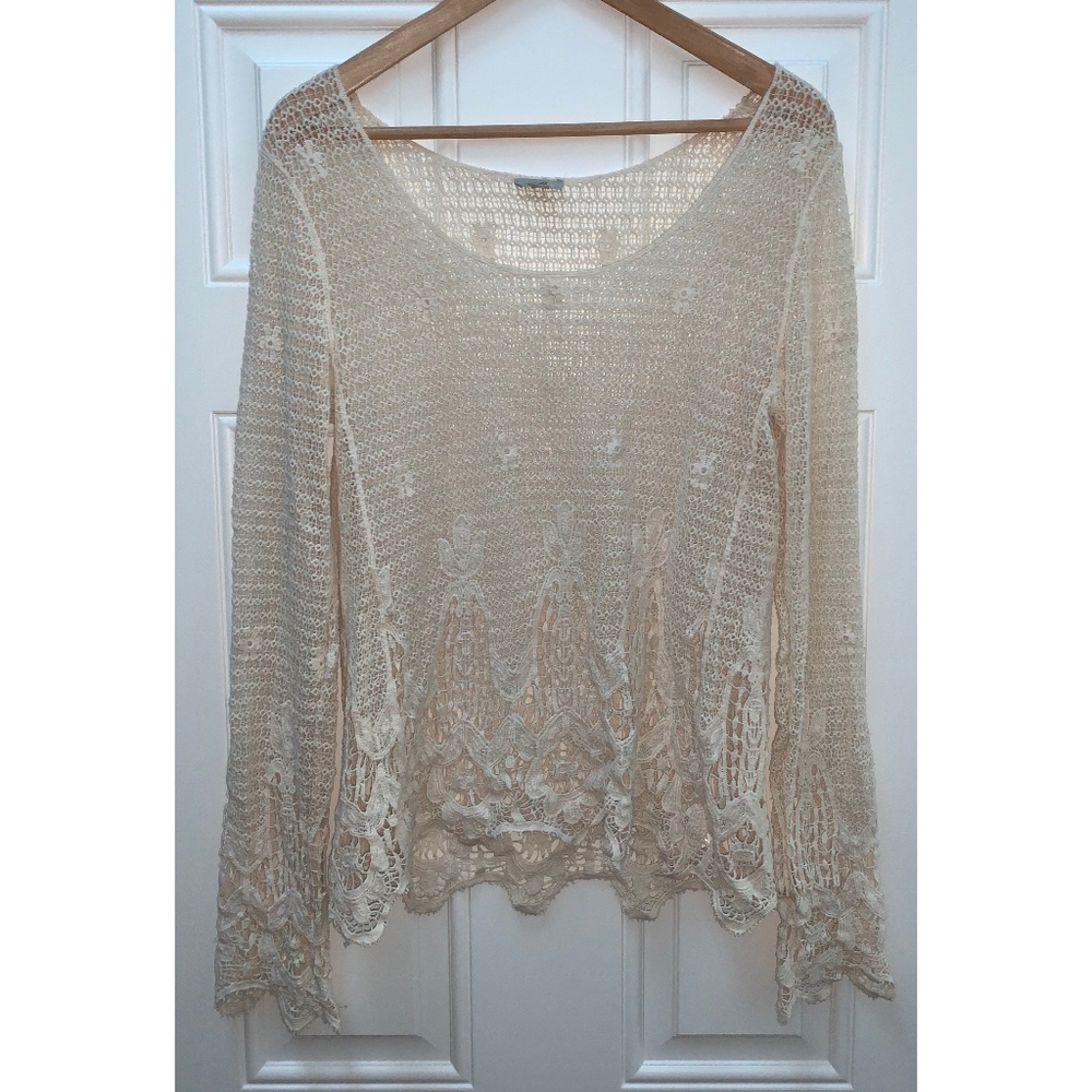 Crochet Lace Cream Long sleeve Top Cover up Eyelas